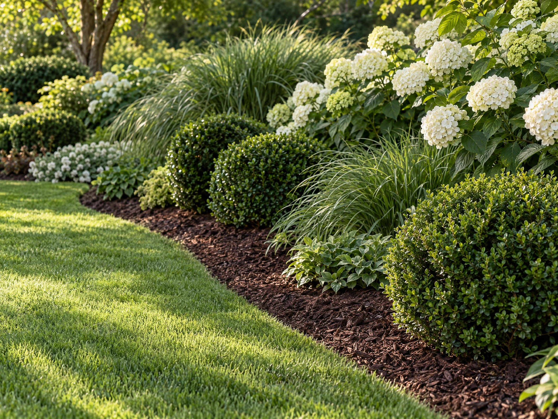 Clean lawn edge alongside fresh mulch, white hydrangeas and neatly shaped shrubs